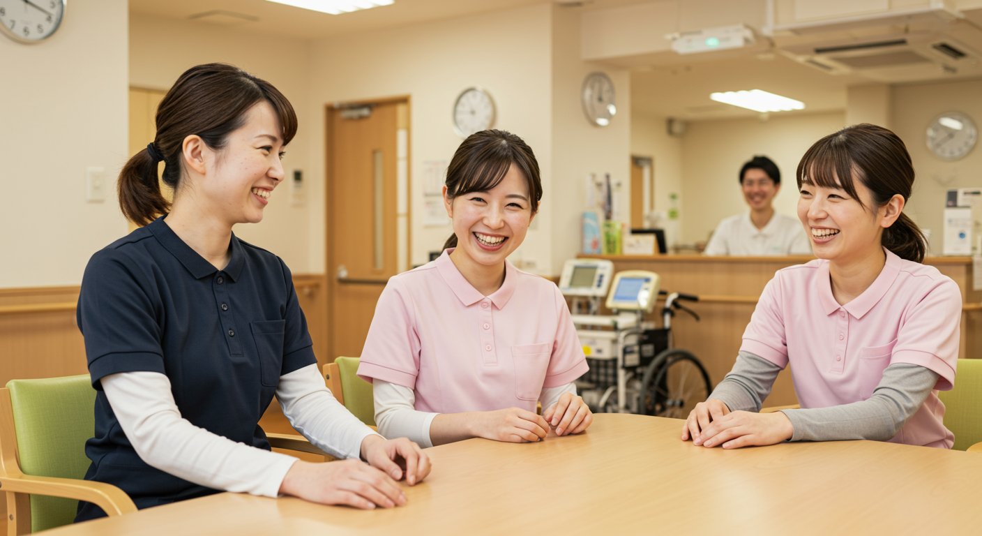 介護施設のスタッフが笑顔で働く様子