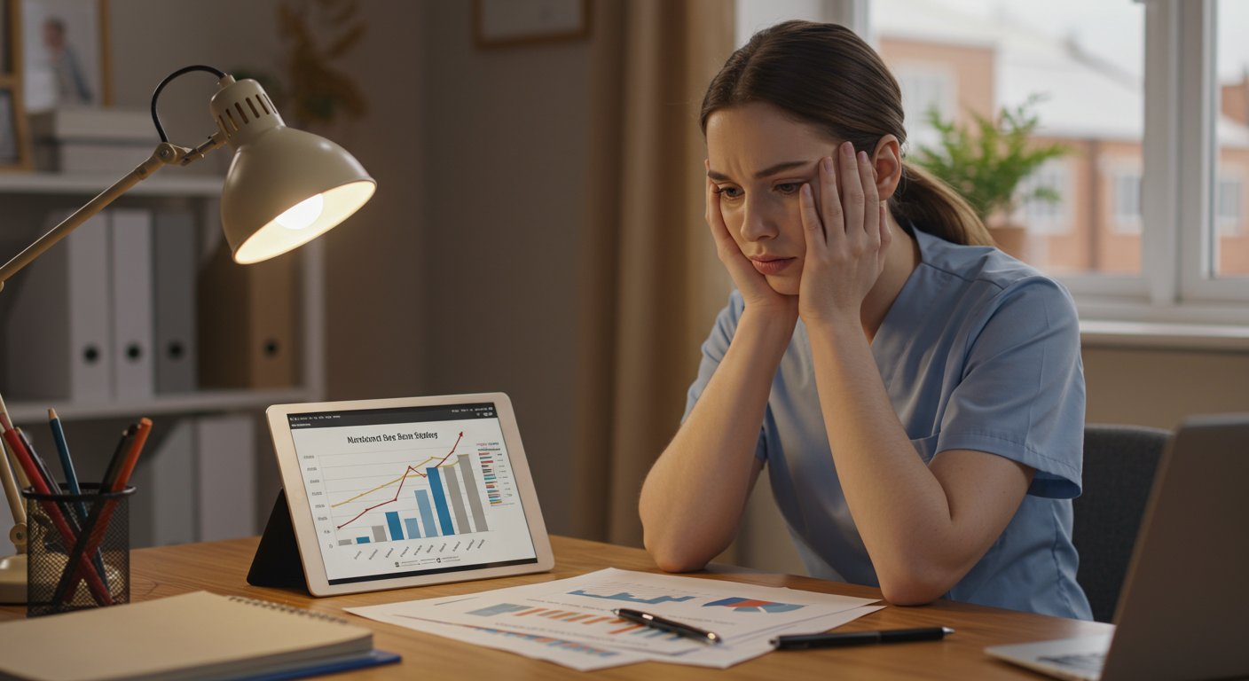 深刻な介護人材不足を表すグラフと困り顔の施設長