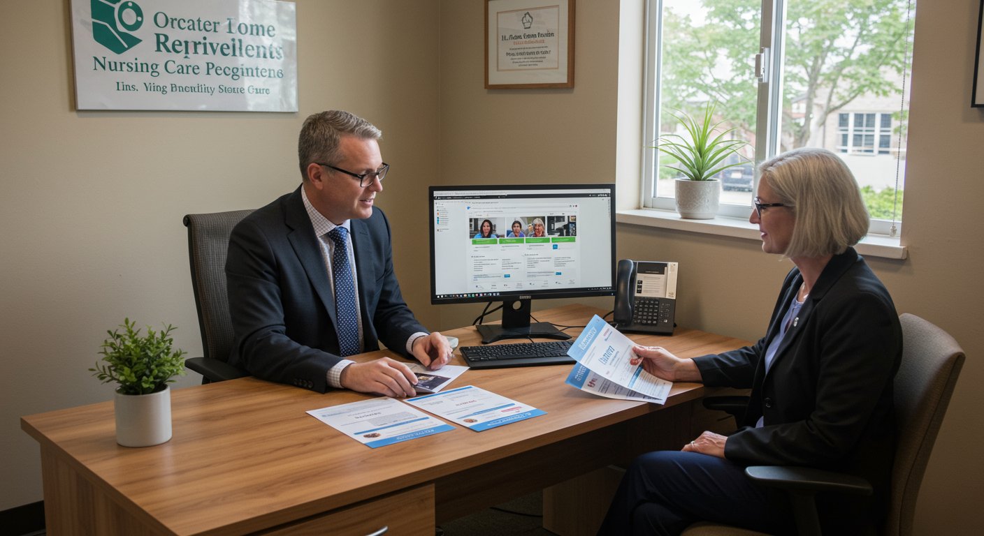 月額定額制の採用代行サービスを利用する中小介護施設の様子