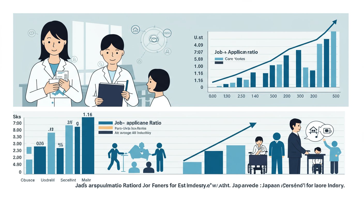 介護業界の人材不足を表すグラフと採用担当者の困った表情
