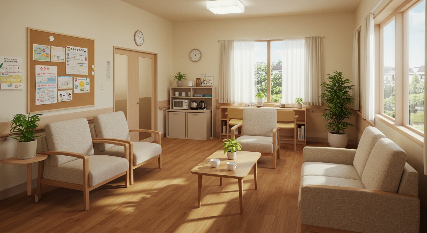 アットホームな雰囲気の中小介護施設の休憩スペース