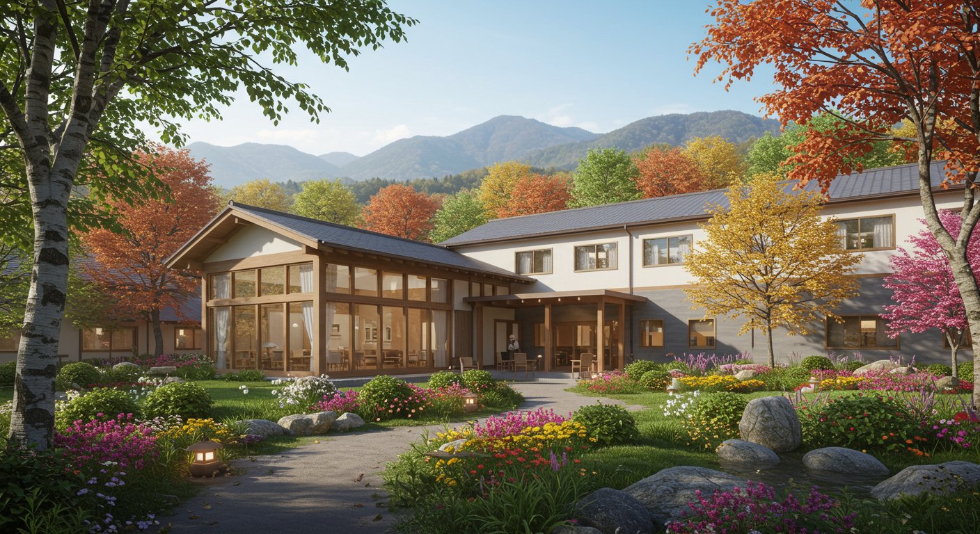 地方の介護施設の魅力的な外観と自然環境