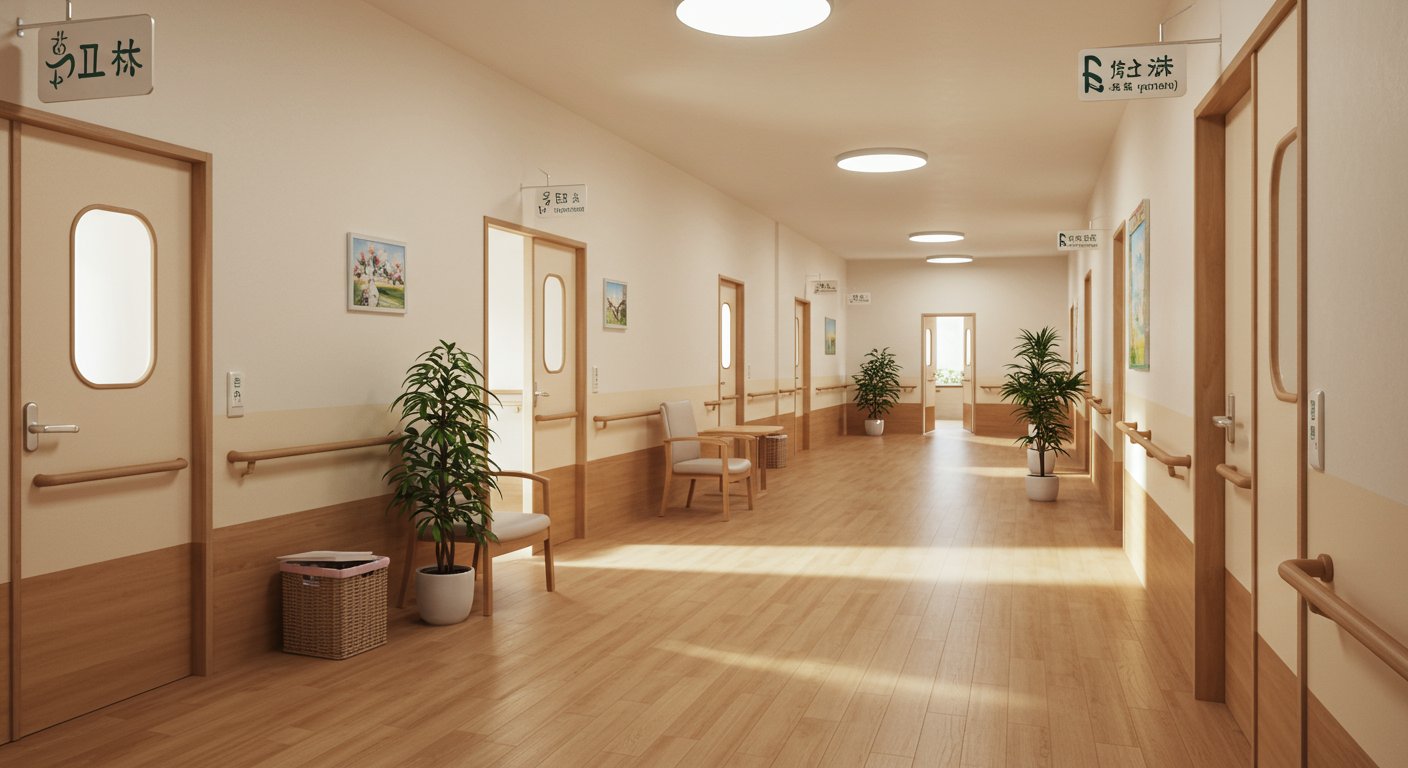 清潔感のある介護施設の廊下と笑顔で挨拶するスタッフ