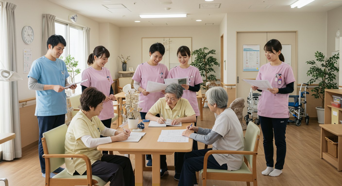 多様な年齢層のスタッフが協力して働く介護施設の様子