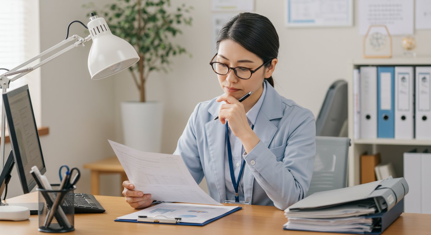 介護事業の経営者が書類を確認している様子
