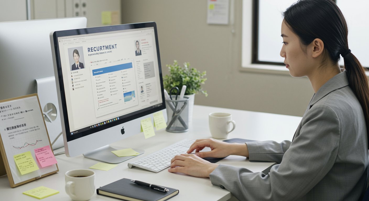 パソコンで採用業務を行う様子