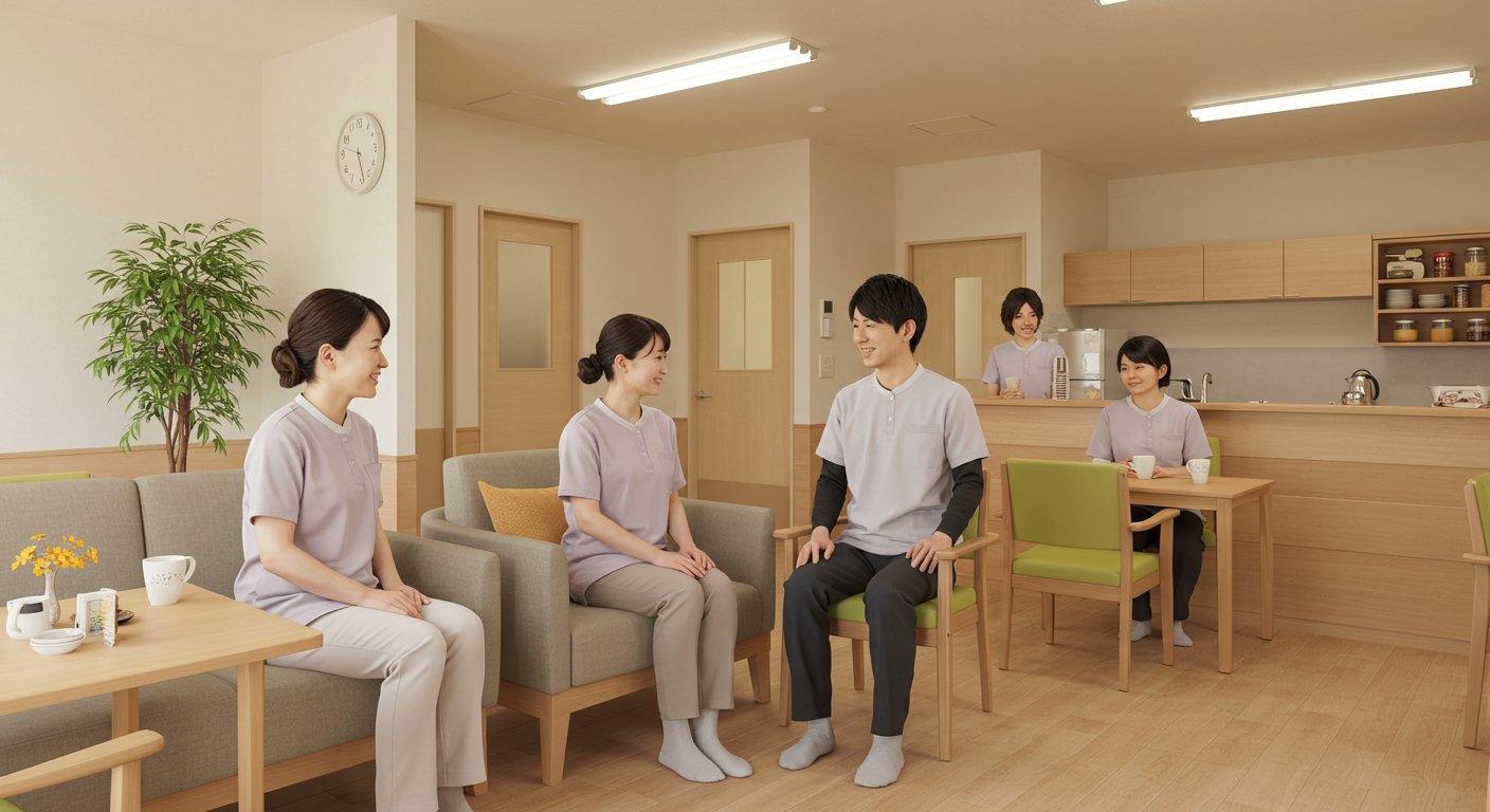 職員同士が和やかに会話する介護施設の休憩スペース