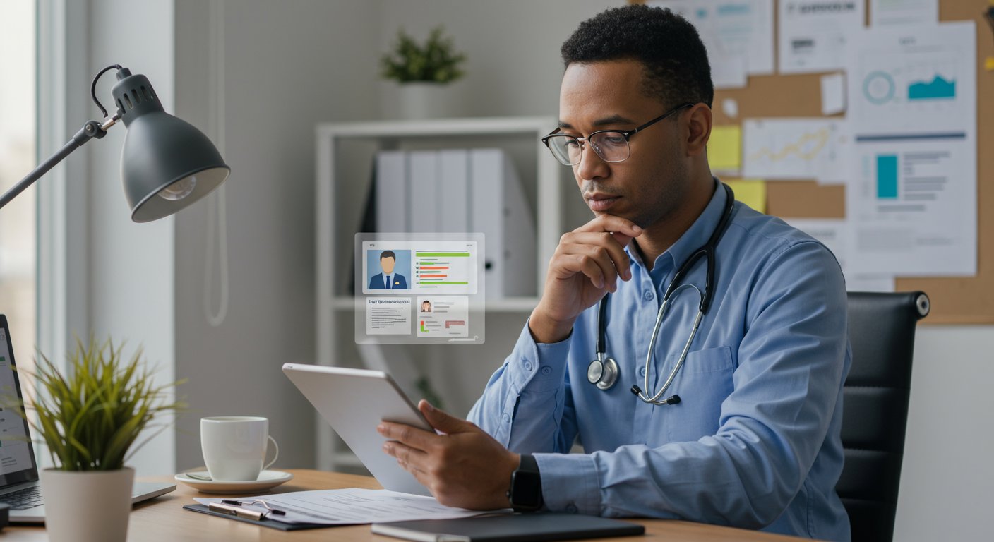 タブレットで採用管理システムを操作する介護施設の管理者