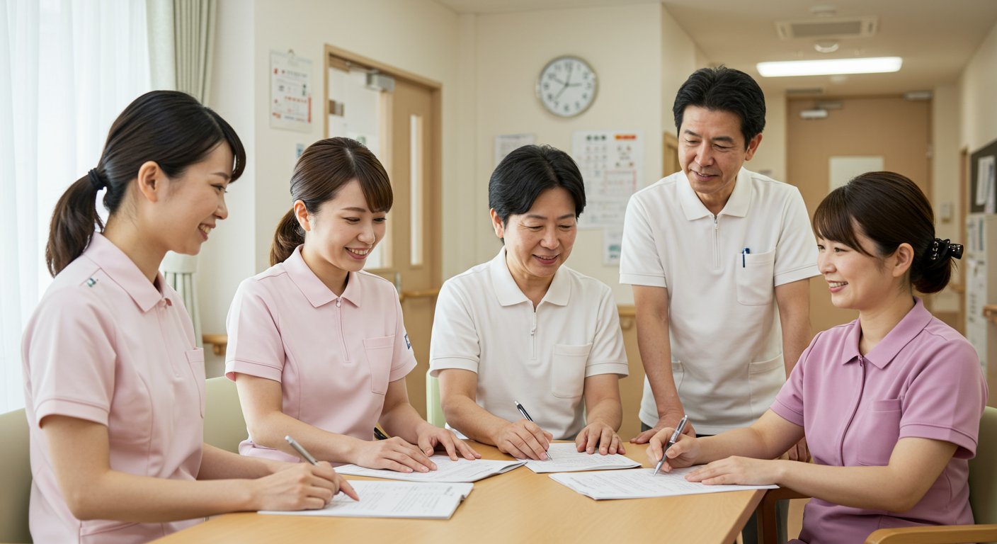異なる年代の介護職員が協力して働く多様性のある職場風景