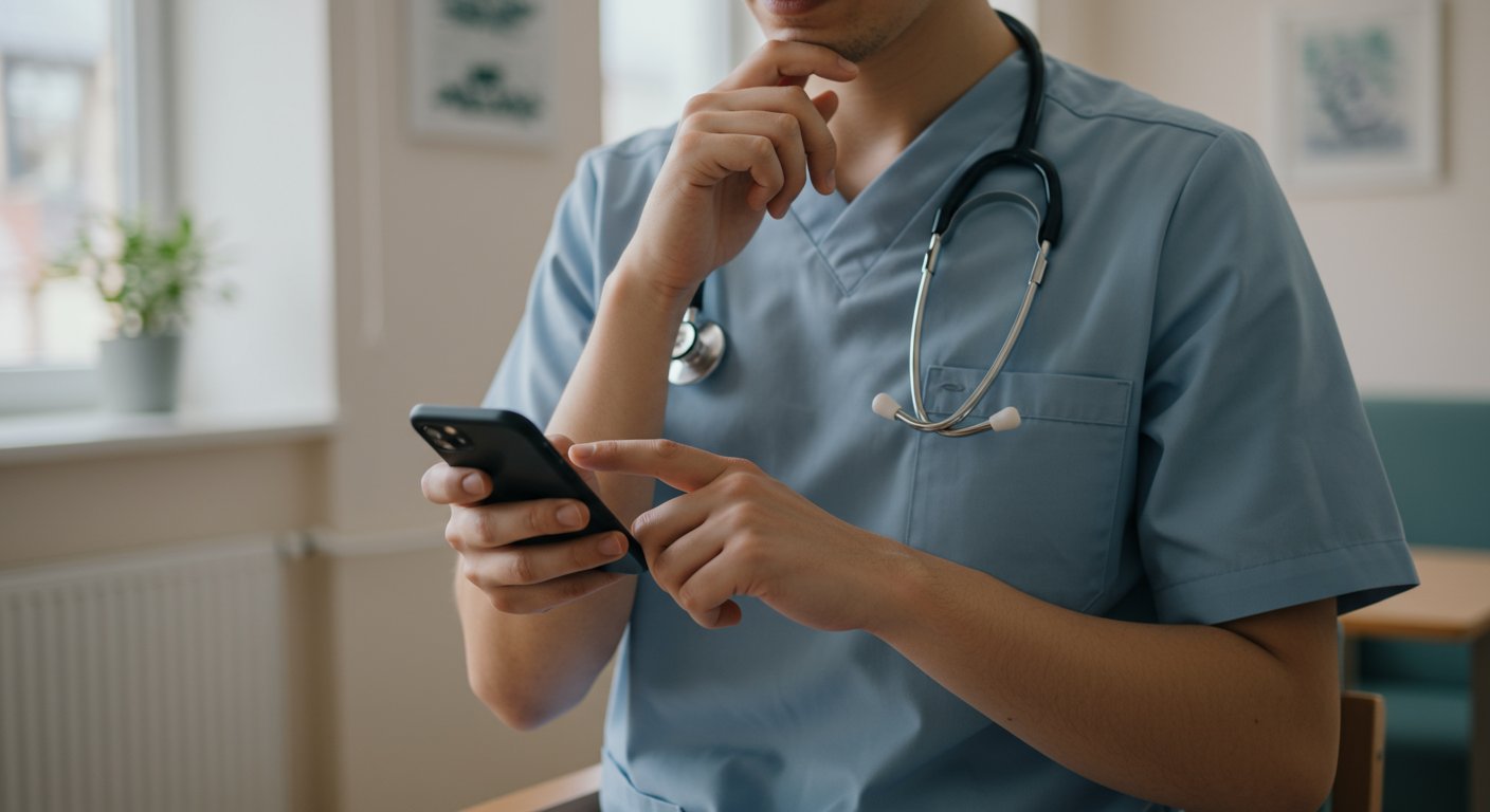 スマートフォンでSNS投稿を作成する介護施設のスタッフ