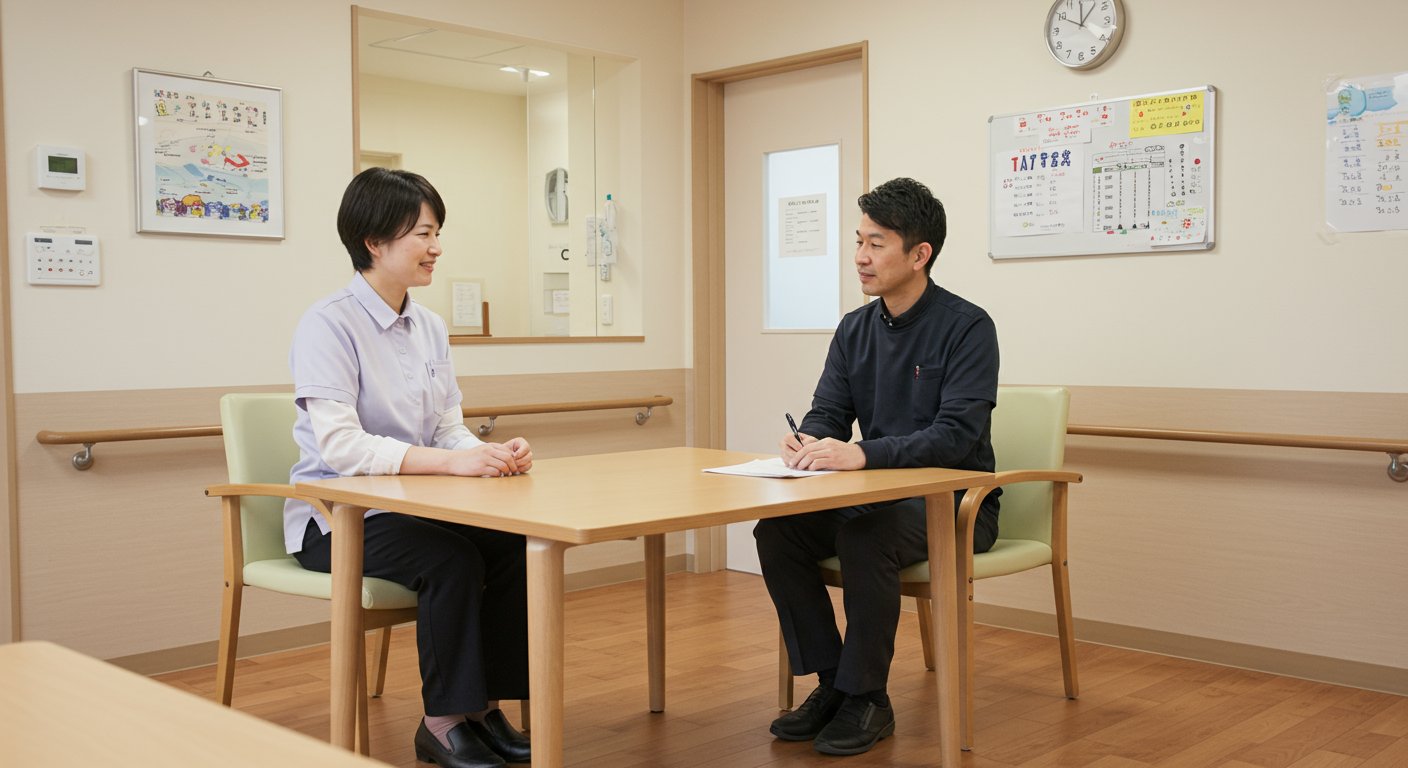 介護施設での評価フィードバック面談の様子