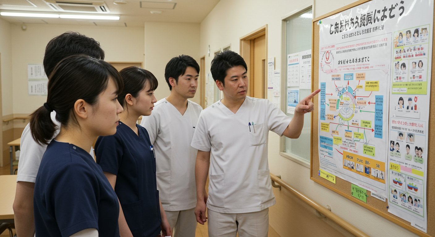 介護施設でのキャリアパス制度の図表を見る職員たち