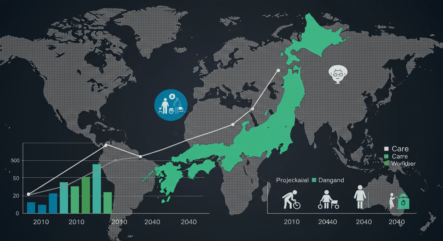 高齢化社会の進展グラフと介護人材需要の増加を示す図表