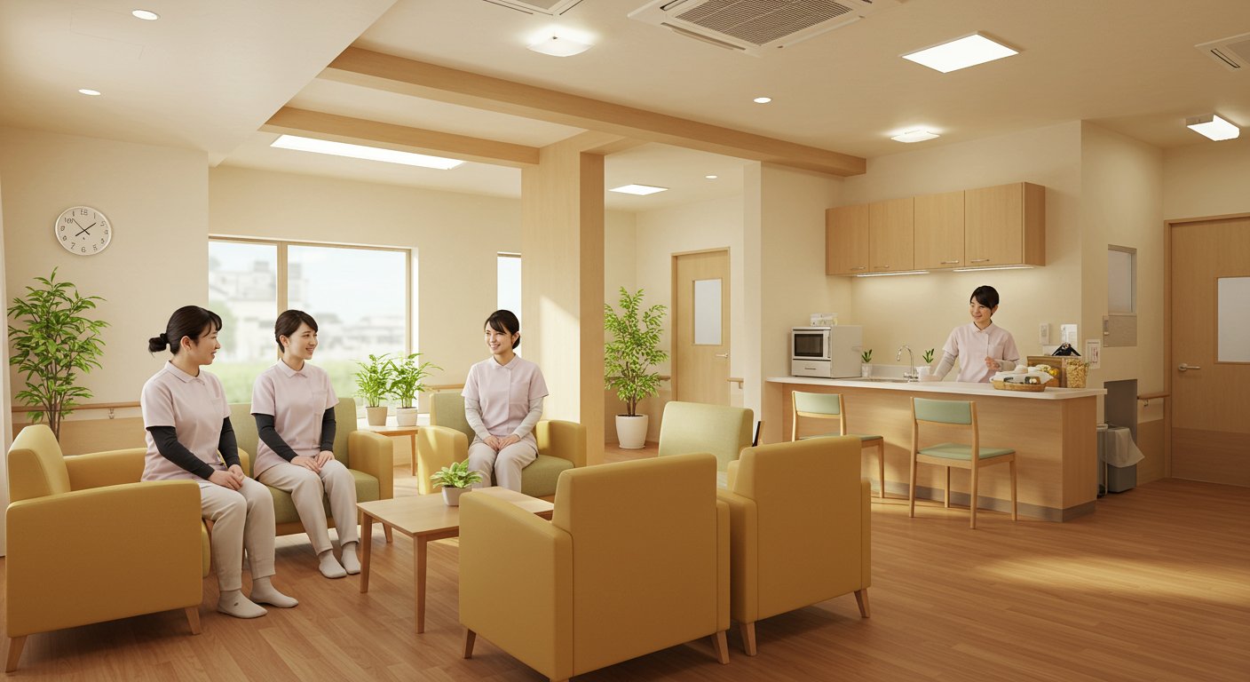 スタッフ同士が和やかに会話する介護施設の休憩室の様子
