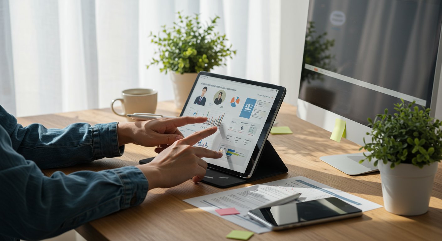 タブレットやスマートフォンを使って採用業務を効率化する様子