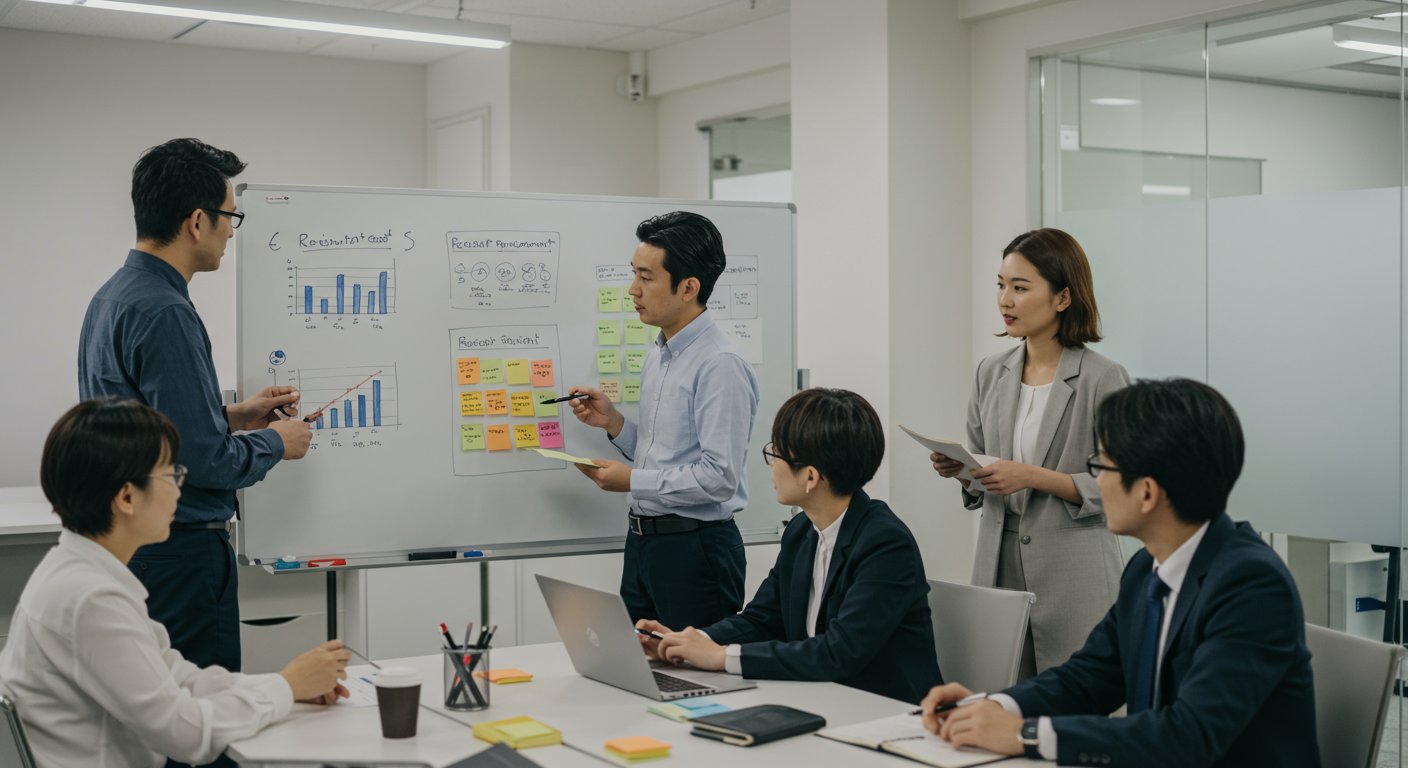 採用業務の分析と可視化を行うチームミーティングの様子