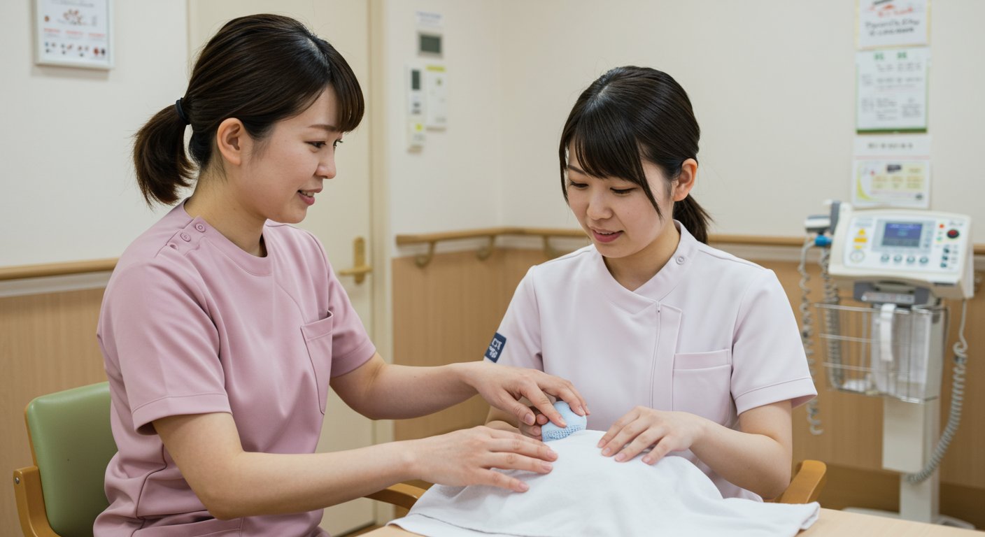 先輩スタッフが新人に丁寧に指導する様子