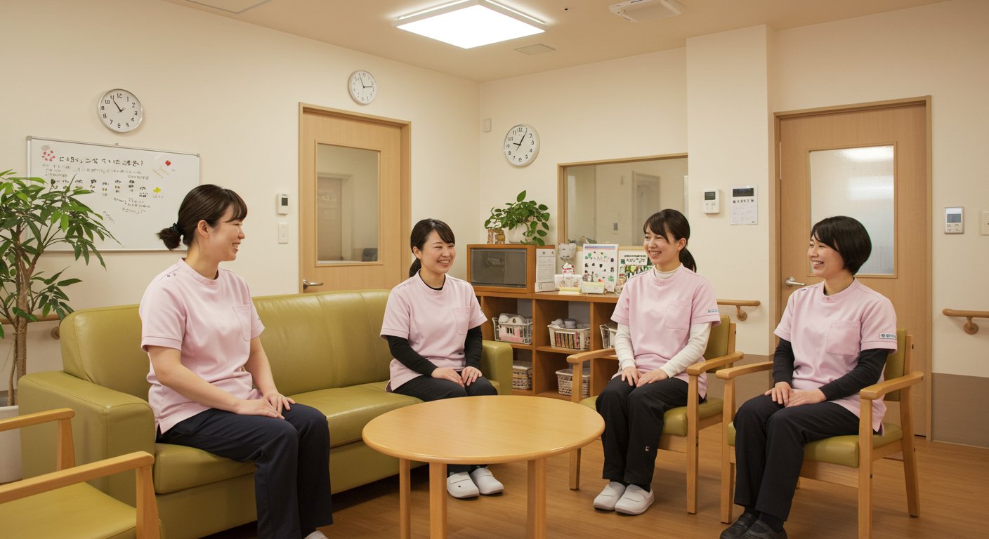 和やかに会話する介護施設のスタッフたち