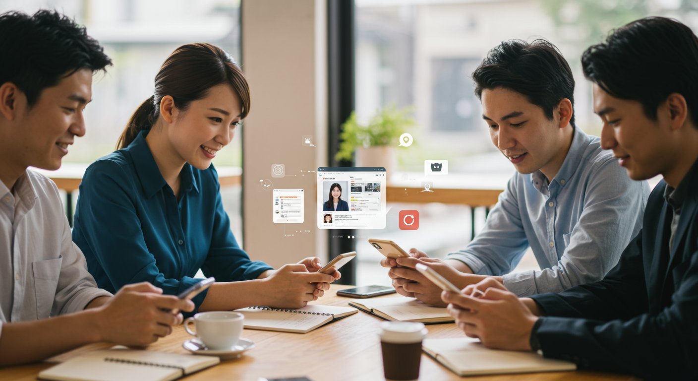 スマートフォンでSNSを見る若者たち