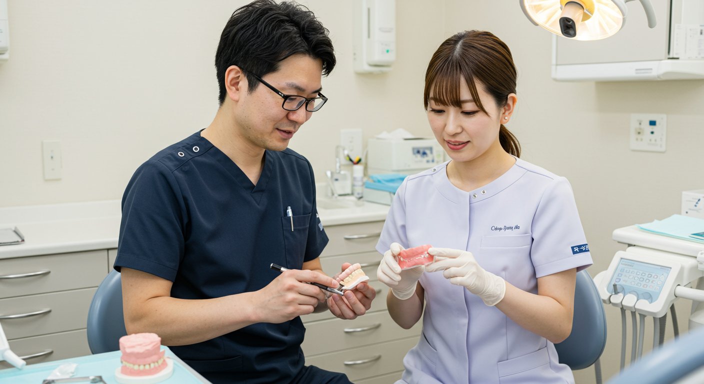 歯科技工士と歯科医師の打ち合わせシーン