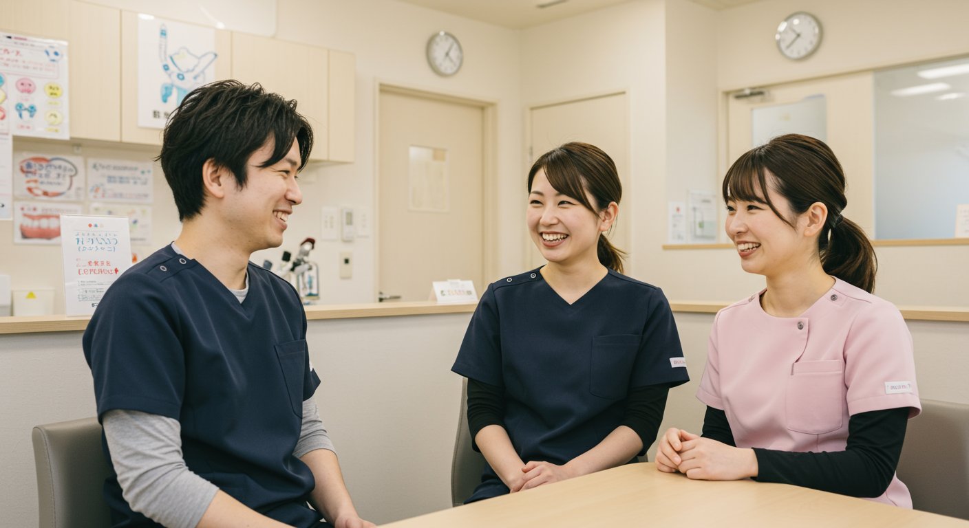 スタッフ同士が会話する歯科医院の風景