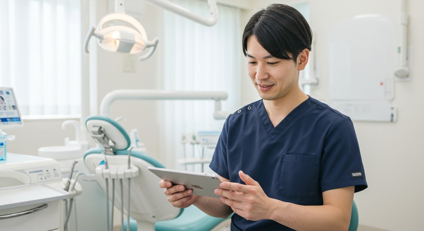 タブレットでAIマッチングシステムを確認する歯科医師
