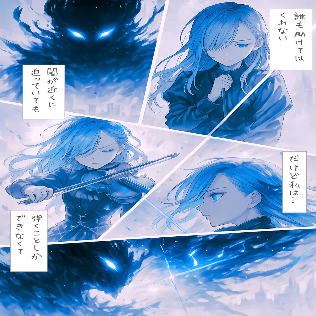 蒼の調べが、漆黒を裂くとき【画像生成AI＋4コマ漫画】｜Alpaka