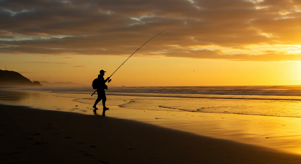 夜明けの海に向かっていく、一人の釣り人のシルエット。