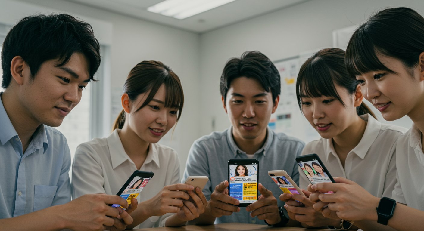 スマートフォンでSNS採用広告を見る若者たち