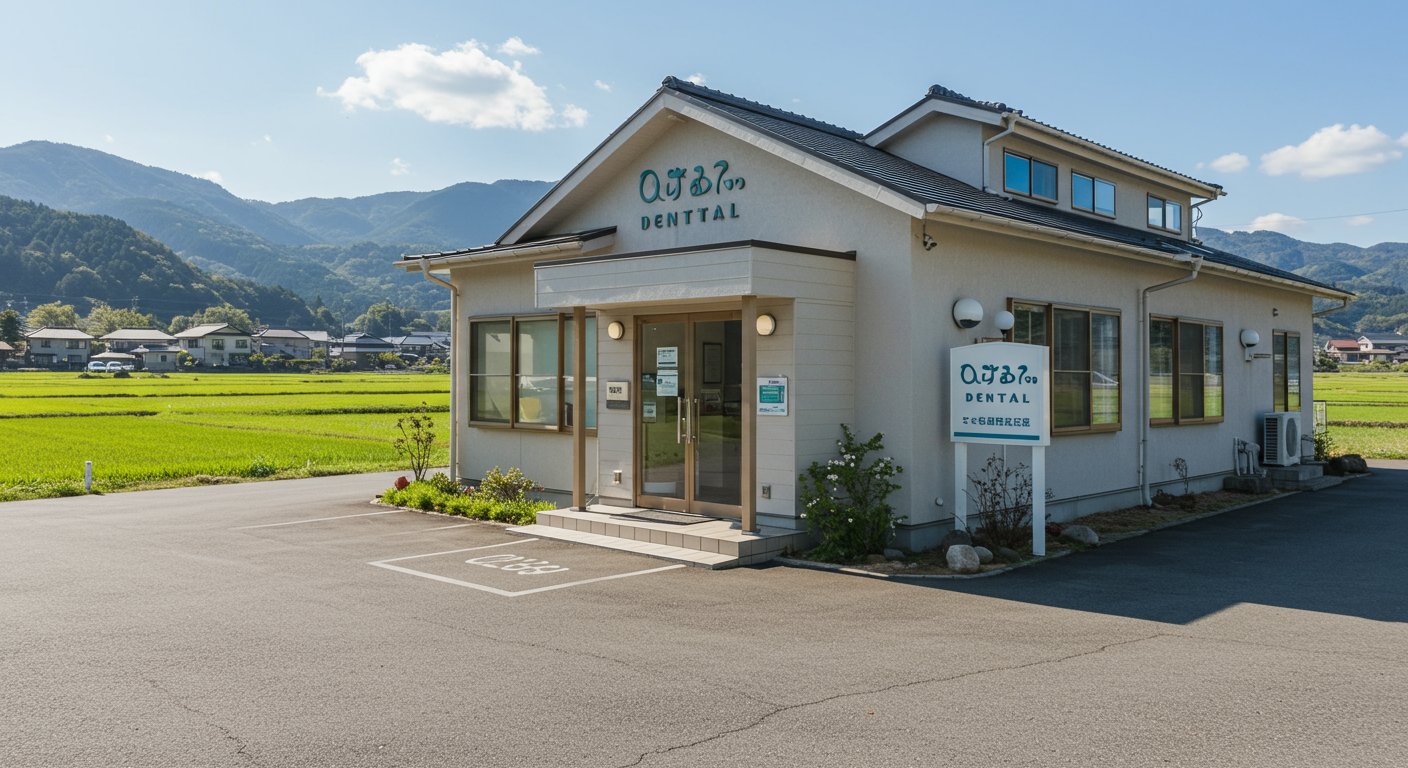 静かな田舎の風景の中にある小さな歯科医院の外観