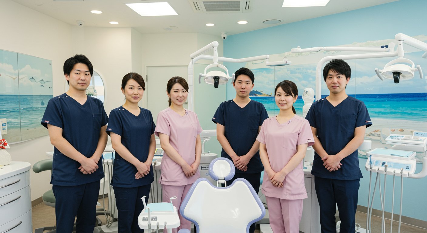 沖縄の歯科医院チームの笑顔あふれる集合写真