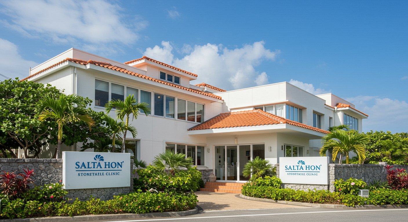 沖縄の歯科医院の明るい外観と青い海