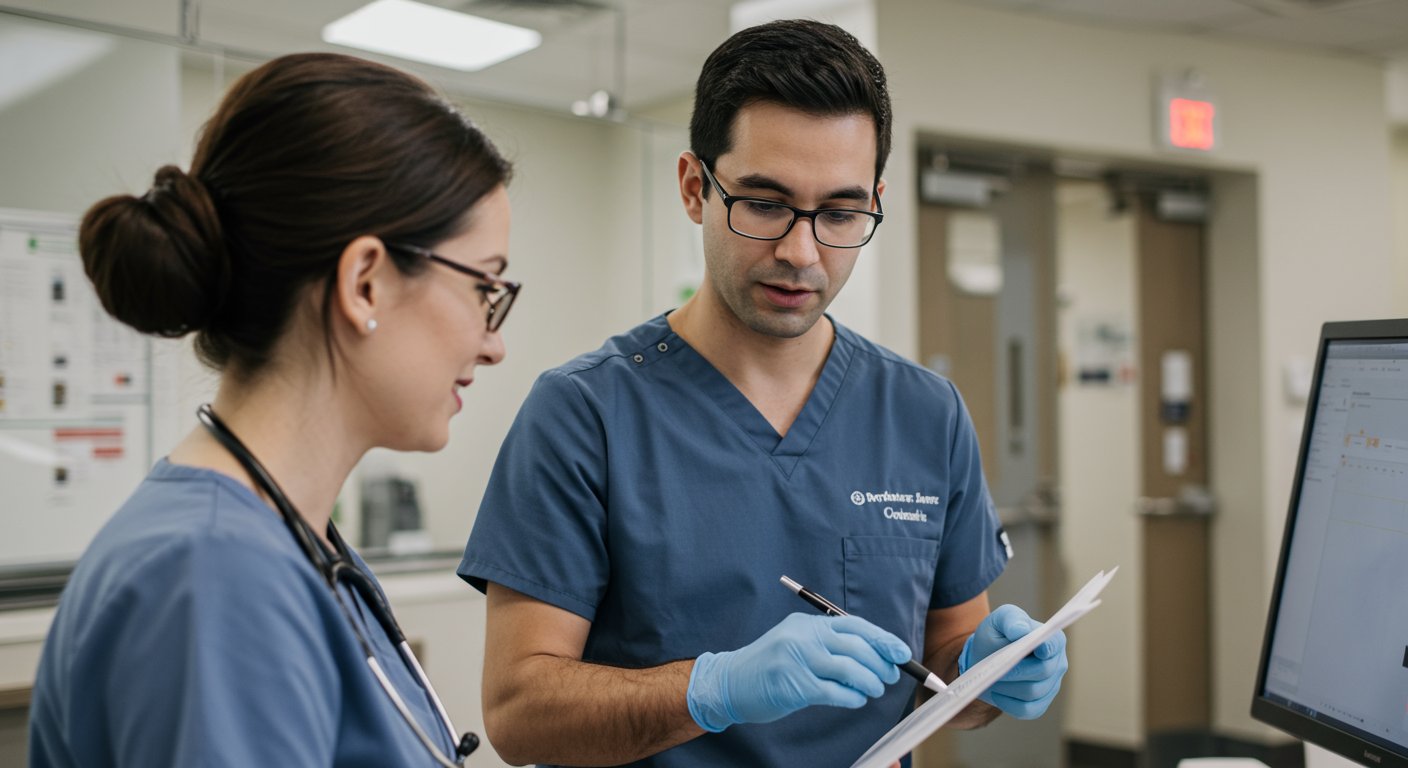 先輩スタッフが新人に指導している様子