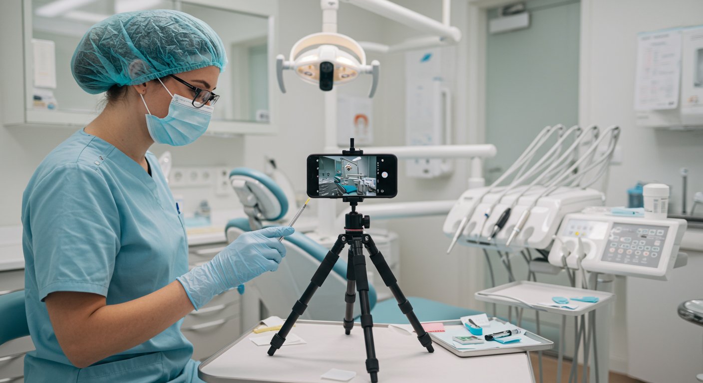 スマートフォンでTikTok動画を撮影する歯科スタッフ