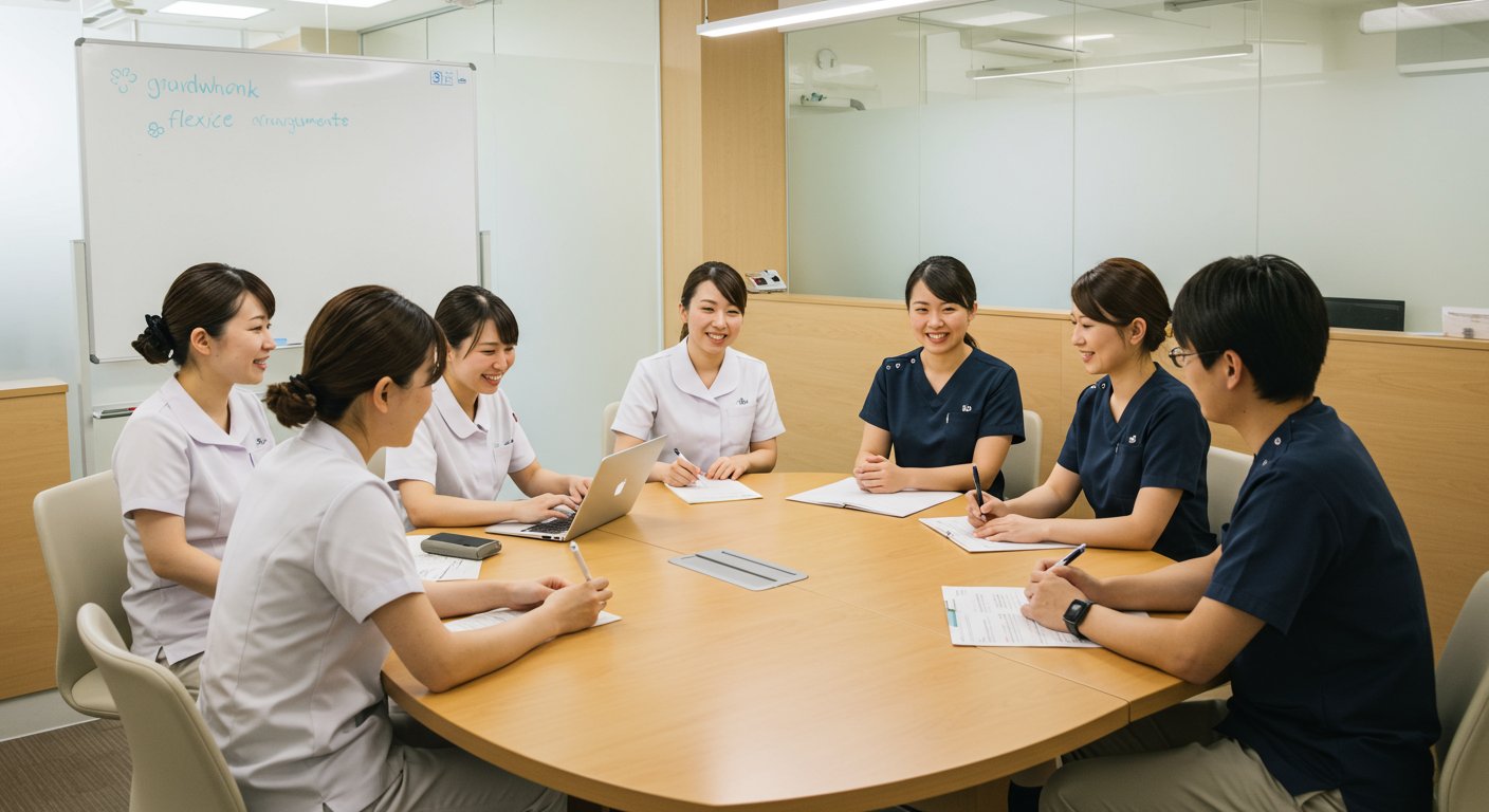 フレックスタイム制について話し合う歯科医院のスタッフミーティング