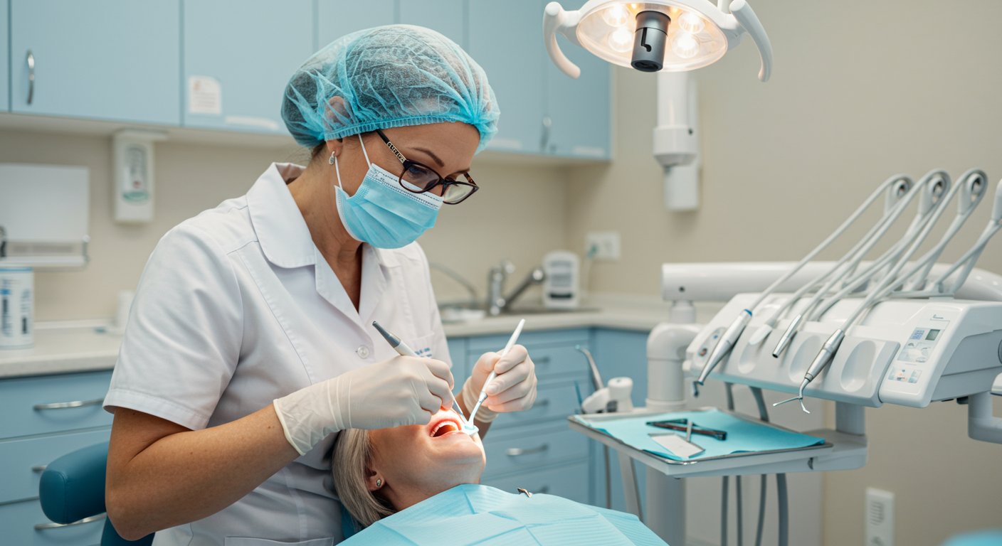 経験豊富なシニア歯科衛生士が患者に対応している様子