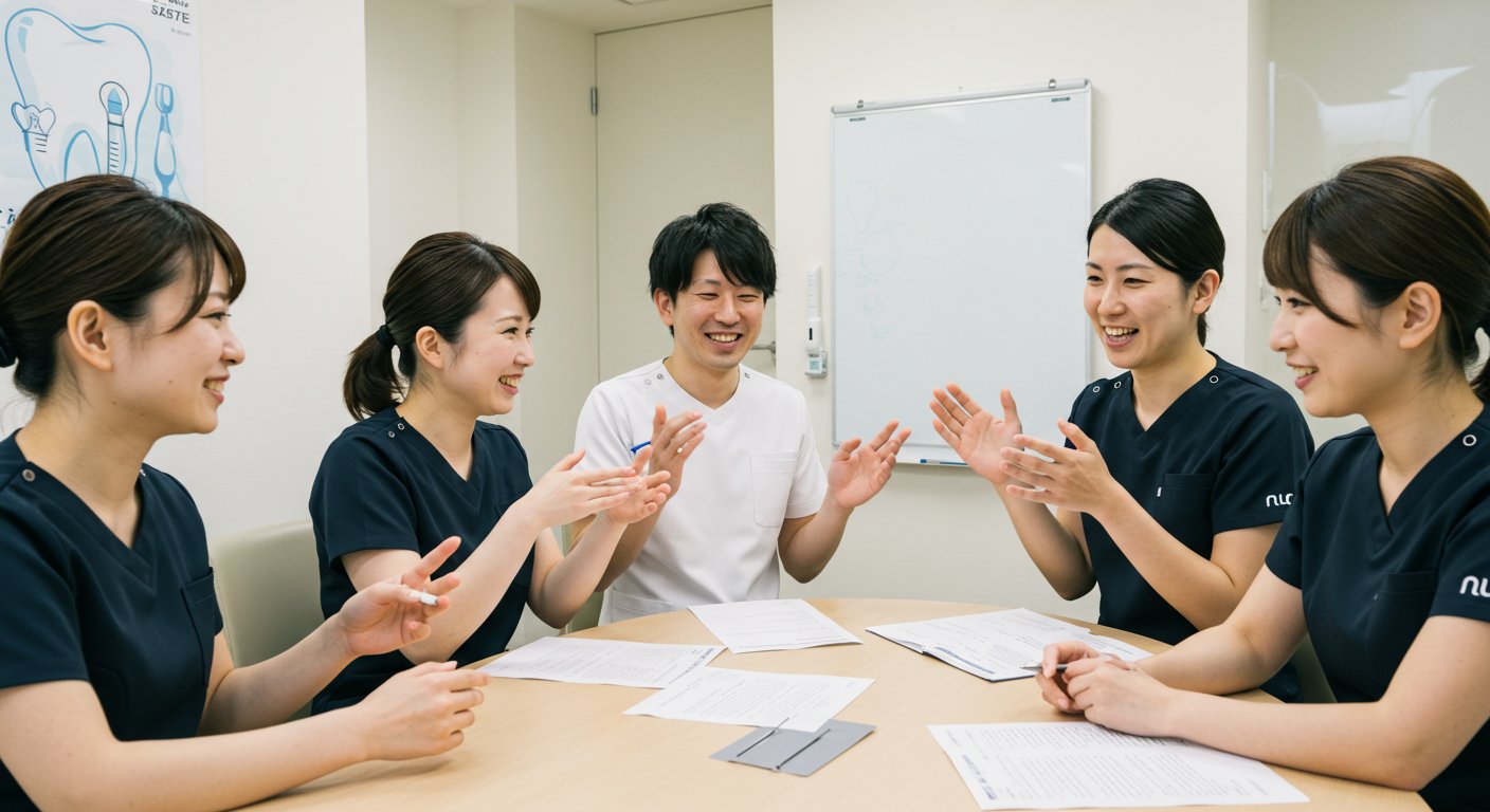 活発に議論する歯科医院のスタッフたち