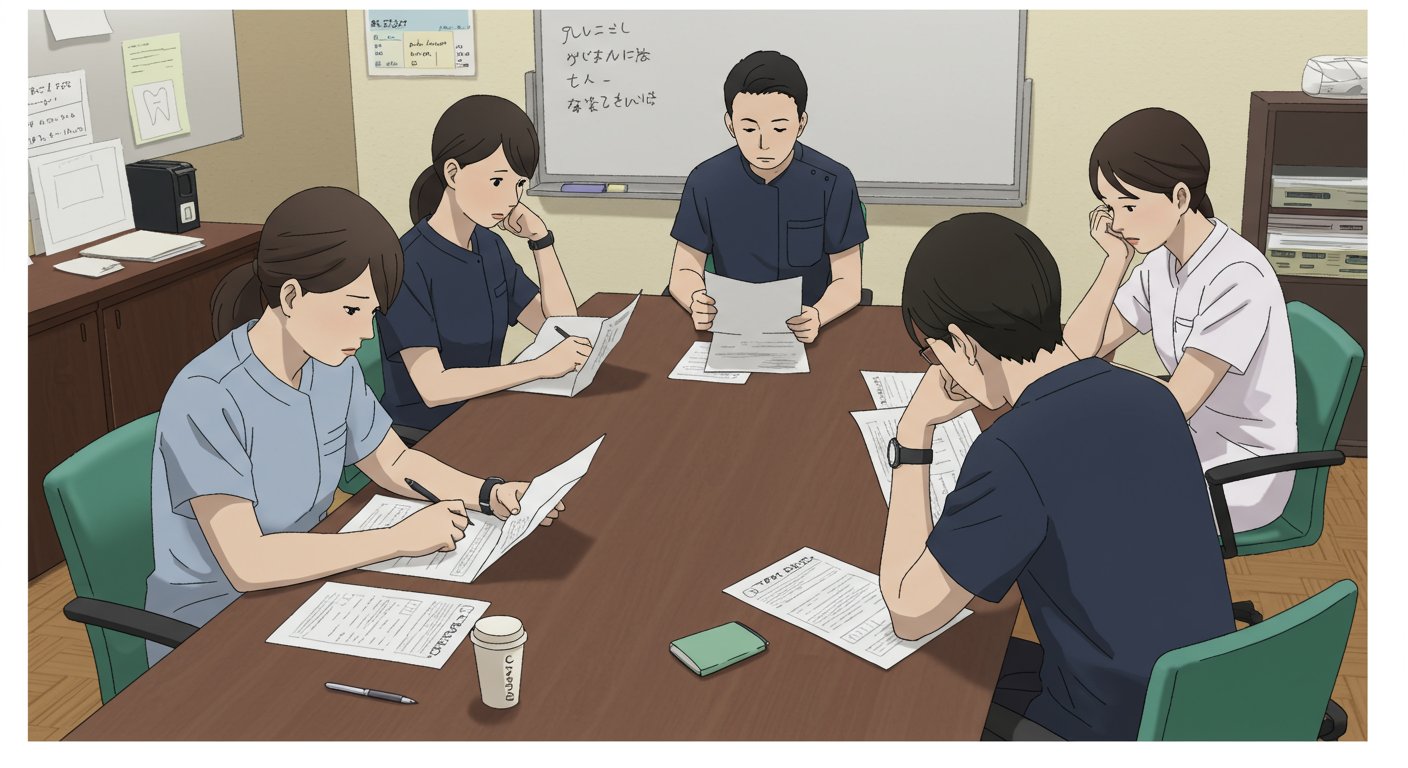 会議中に疲れた表情を見せる歯科スタッフ