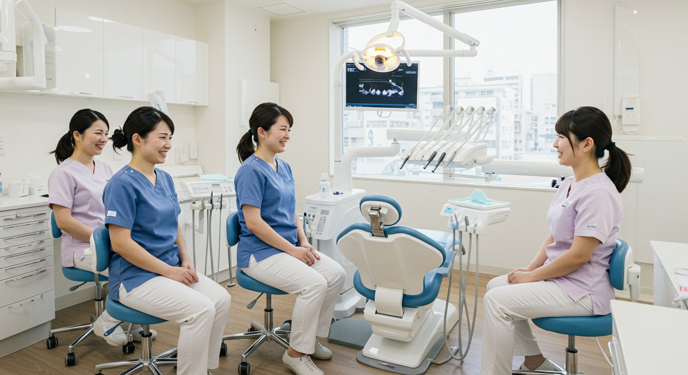 歯科医院のスタッフが笑顔で働いている様子