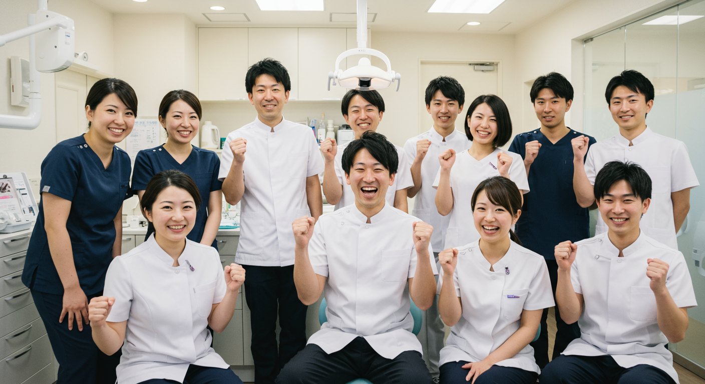 表彰を祝う歯科医院のスタッフたち