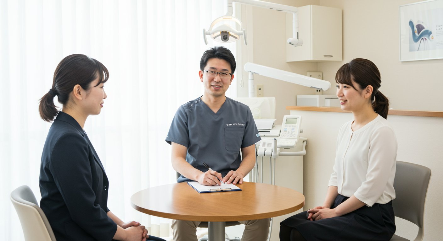 和やかな雰囲気で面接を行う歯科医院の院長