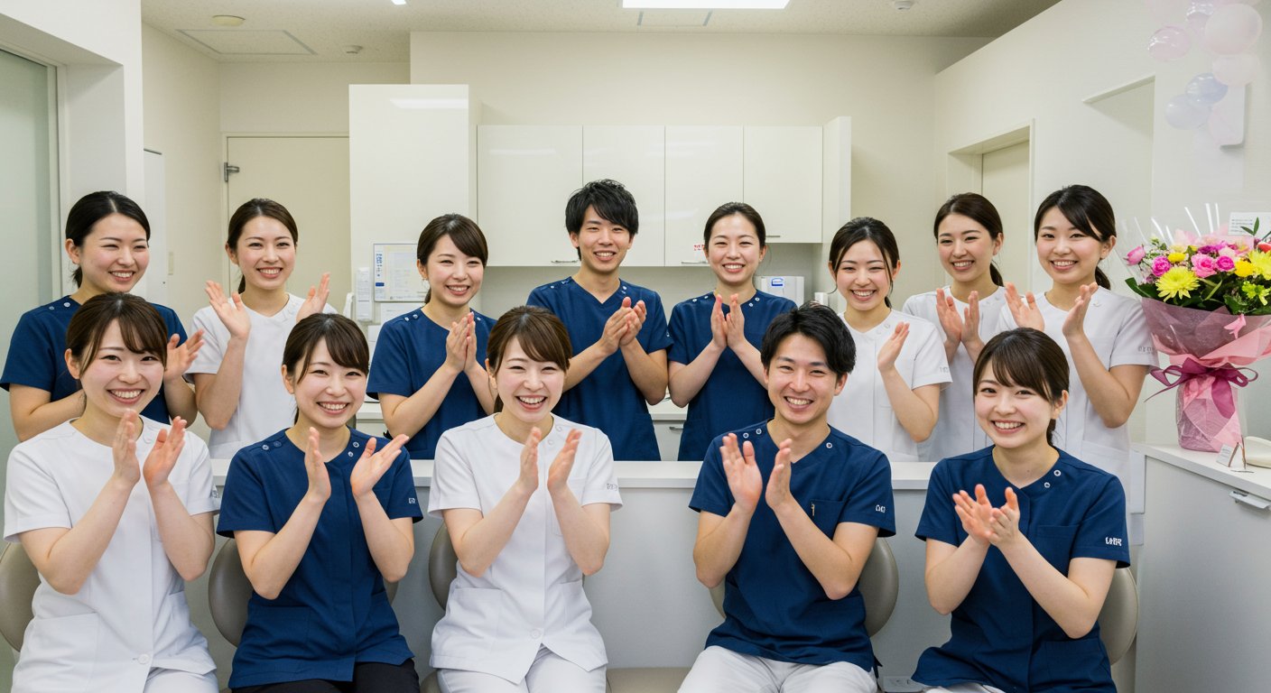 歯科医院チームの成功を祝う様子