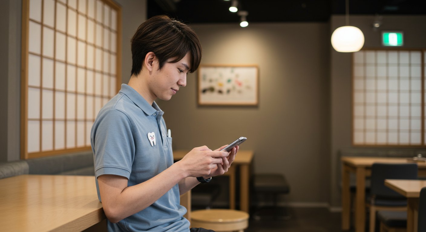 スマートフォンで求人情報を確認する若い歯科衛生士