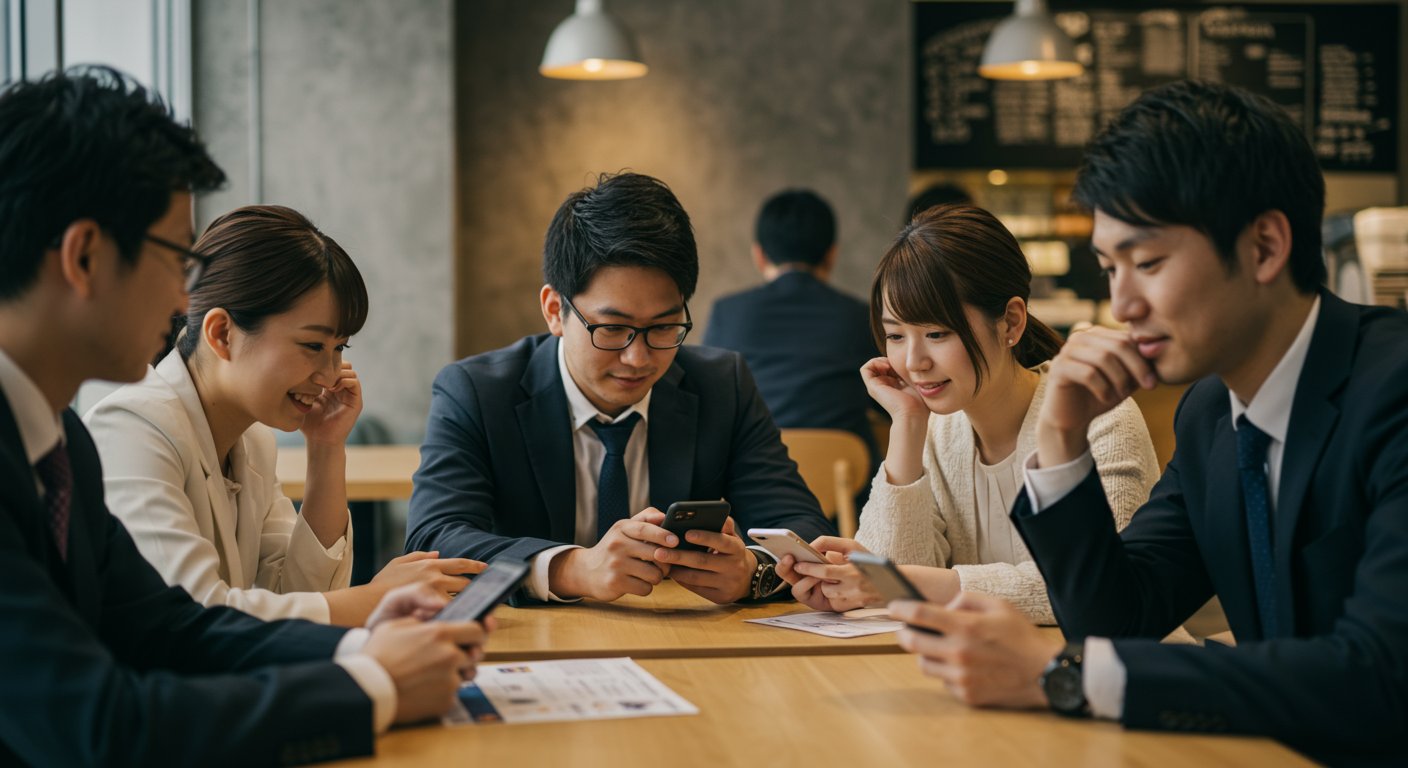スマートフォンでSNSを見る若者たち