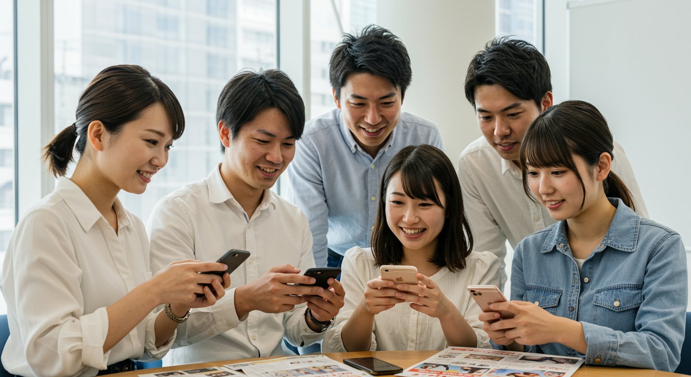 スマートフォンでSNS採用広告を閲覧する若者たち