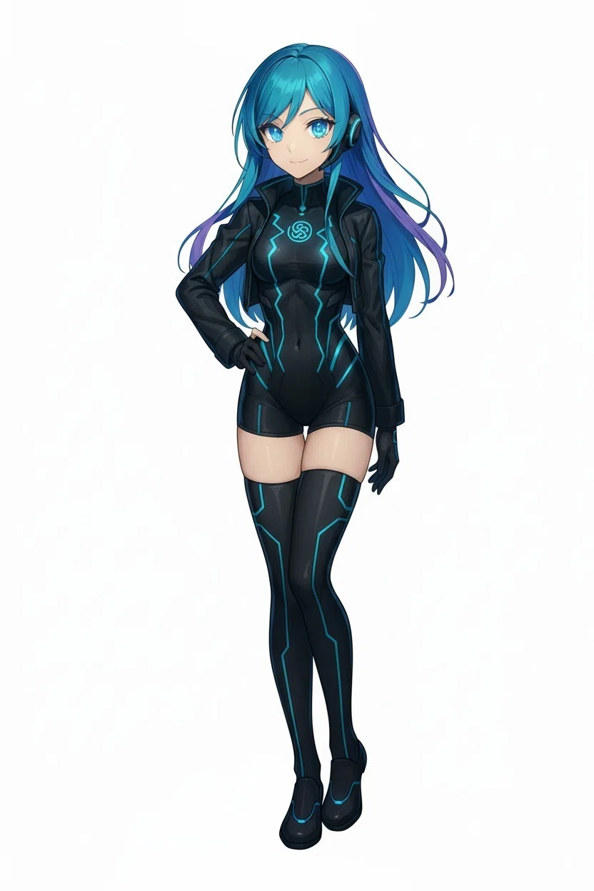 青い髪と青い瞳を持つアニメ風のキャラクターイラスト。黒のボディスーツには青い発光ラインが入り、片手を腰に当てて立っている。背景は白でシンプルに描かれている。