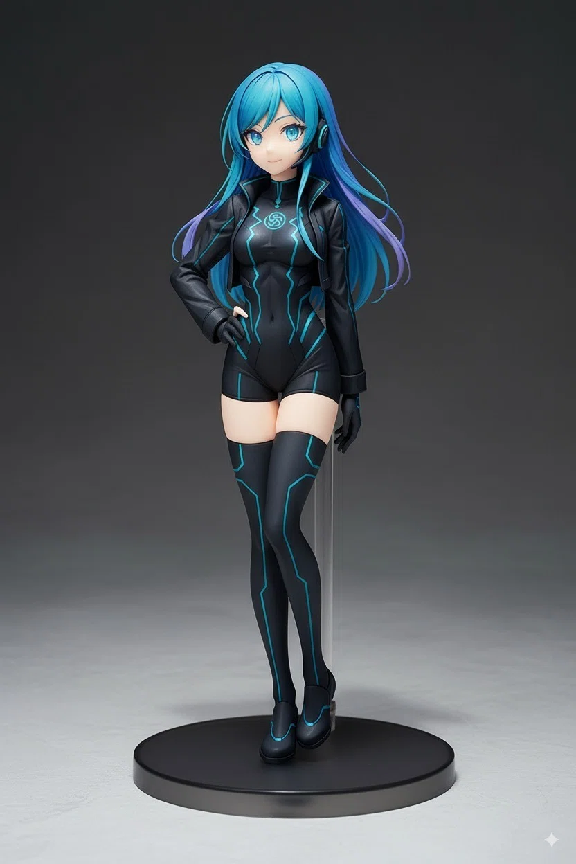 未来的なデザインのアニメ風フィギュア。青い髪と青緑の目を持つキャラクターが黒のボディスーツを着用し、胸元や脚部に青いラインが光っている。片手を腰に当て、台座の上に立っている。