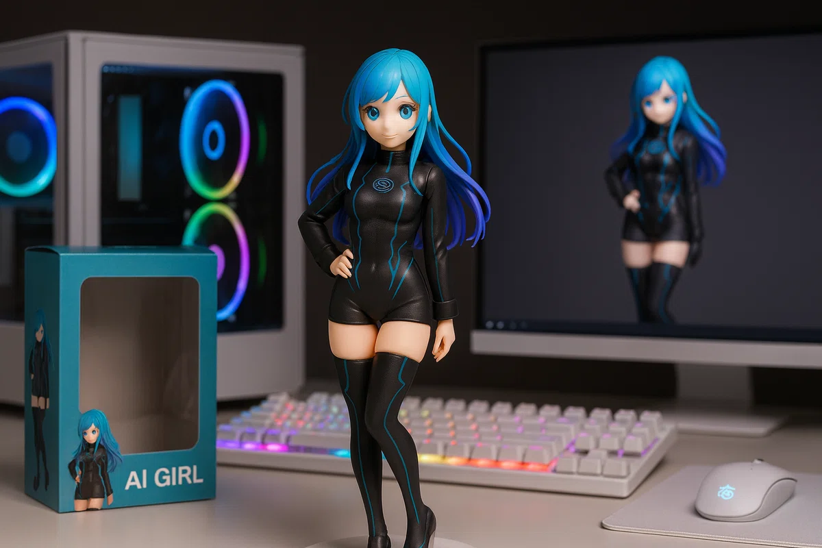 デスク上に飾られたアニメ風フィギュア「AI GIRL」。青髪のキャラクターが黒のボディスーツを着て立っており、背景にはゲーミングPCとモニターに映る同キャラクターのイラスト、フィギュアのパッケージが並んでいる。