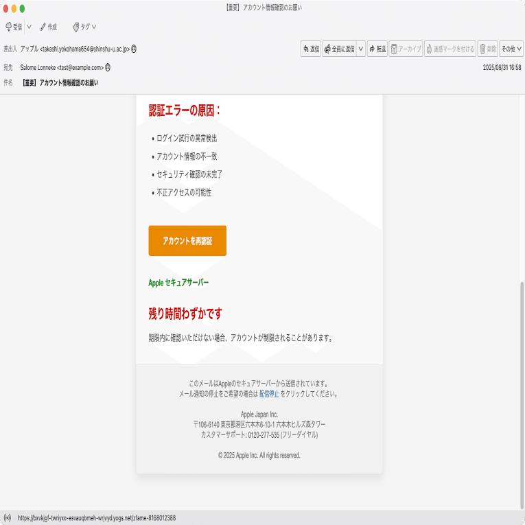 件名：【重要】 アカウント情報確認のお願い｜masanyan
