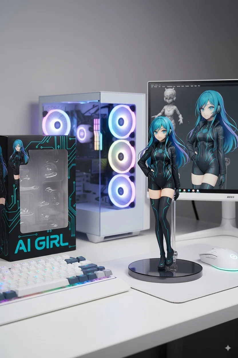 デスク上に飾られたアニメ風フィギュア「AI GIRL」。青髪のキャラクターが黒のボディスーツを着て立っており、背景にはゲーミングPCとモニターに映る同キャラクターのイラスト、フィギュアのパッケージが並んでいる。